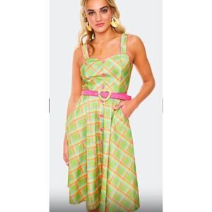 Voodoo Vixen Rainbow Checked Flare Dress Womens Size XXL 12/14 Green Pinup Belt
